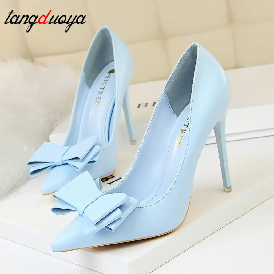 Autumn Heel Shoes Pink Heels Woman Blue Sweet Bow Women White High Heels Matte Leather Pumps Thin Heel Pointed Ladies high heels