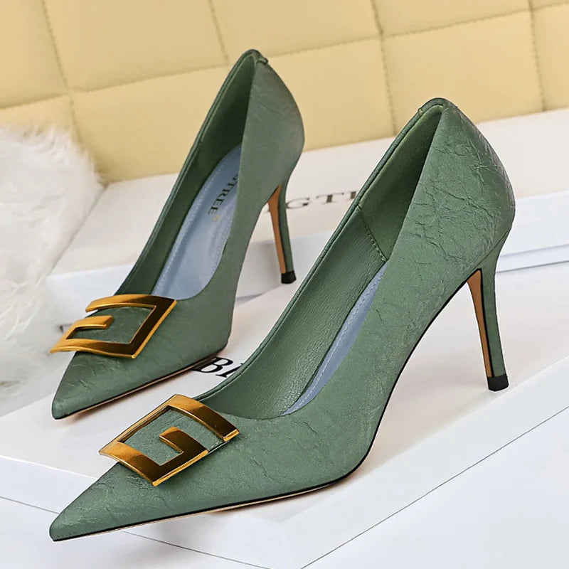 Luxury Women 8.5cm High Heels Tacones Pumps Designer Office Lady Green Stiletto Heels Scarpins Bridal Party Shoes Plus Size