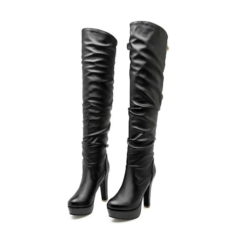 Sianie Tianie Sexy Soft PU Pleated Platform Thick Woman Knee-high Boots