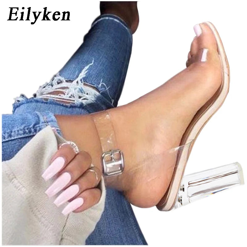 Eilyken PVC Transparent Jelly Sandals Women Open Toed Ankle Buckle Strap Shoes Fashion Crystal High Heels Pumps