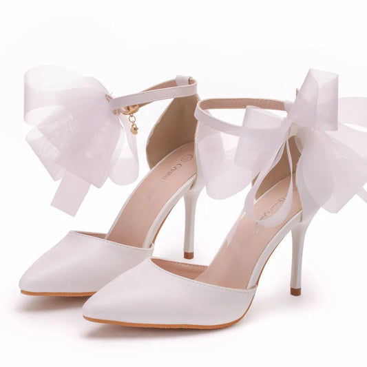 Crystal Queen Woman Satin Stiletto Elegant Ankle Strap Party Bow-knot Sandals Sexy High Heels White Wedding Shoes