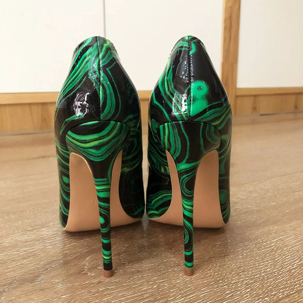 Veowalk Green Graffiti Printed Women High Heels Sexy Ladies Pointed Toe Stiletto Pumps Slip On Party Dress Shoes Woman Heels