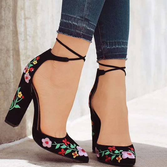 Chic Women's Thick High Heels Plus Size Floral Embroidery Pumps Ankle Strap Shoes Female Two Piece Sexy Party Casual Summer Pointed Toe tyh78