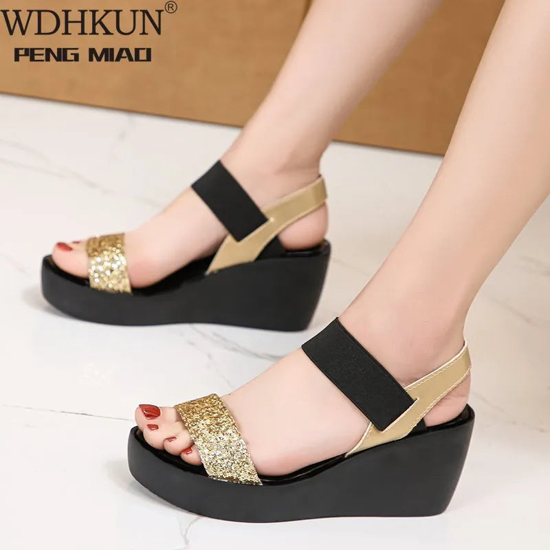 Casual Wedges Women's Flats Summer Shoes Flip-Flop Chaussures Femme Platform Sandals Golden Plus Size 35-43 Black Gold Silver Glitter