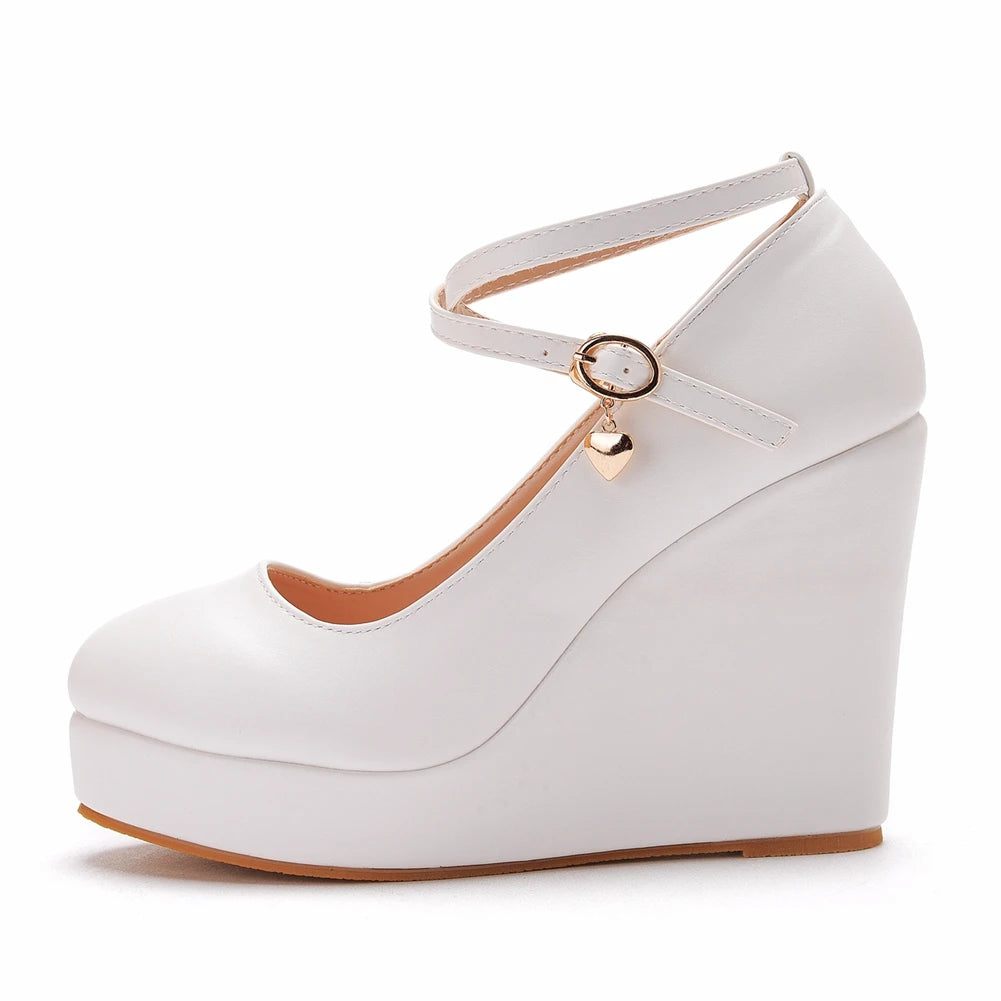 Crystal Queen White Platform Wedges Pumps Women High Heels Shoes Round Toe Cross Ankle-Strap Large Sizes