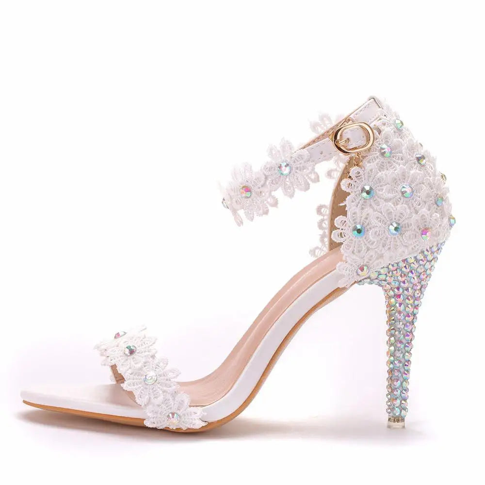 Crystal Queen Women Lace Wedding Shoes Thin High Heels White Bridal Open Toe Sandals Summer Strap Ankle Sexy Party Dress