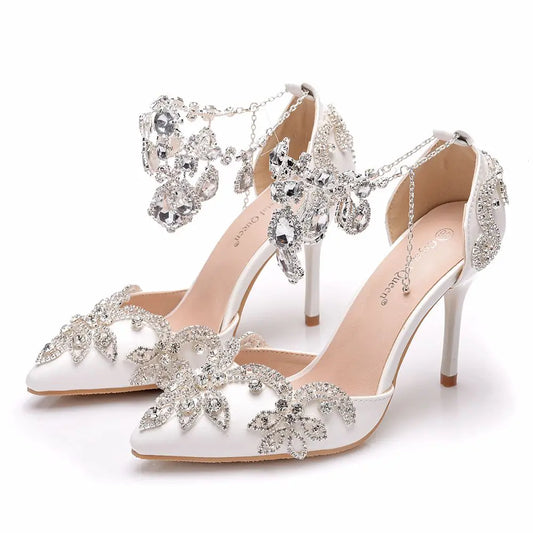 Crystal Queen Sandals Wedding Shoes Bride High Heels Party Ladies Women  Rhinestone Pointed Toe