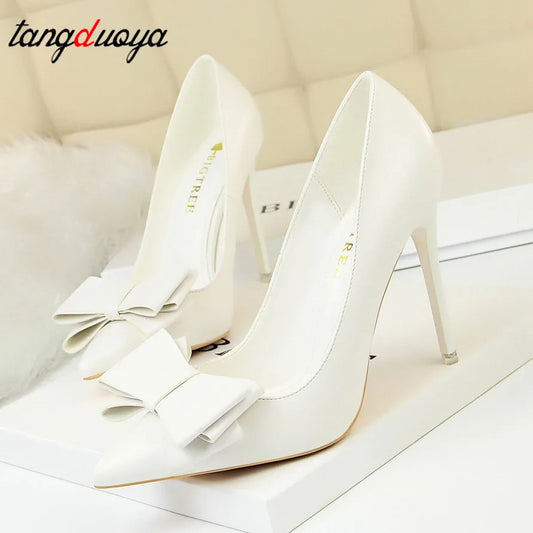 Autumn Heel Shoes Pink Heels Woman Blue Sweet Bow Women White High Heels Matte Leather Pumps Thin Heel Pointed Ladies high heels