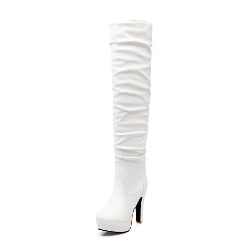 Sianie Tianie Sexy Soft PU Pleated Platform Thick Woman Knee-high Boots