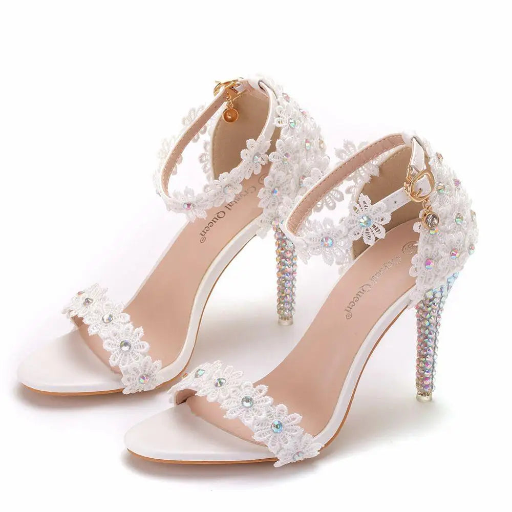 Crystal Queen Women Lace Wedding Shoes Thin High Heels White Bridal Open Toe Sandals Summer Strap Ankle Sexy Party Dress