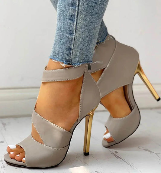 Trendy Women's Slim High heels Summer High zipper Peep Toe Sandals Office Hollow Out Sandals Shoes Beige Black