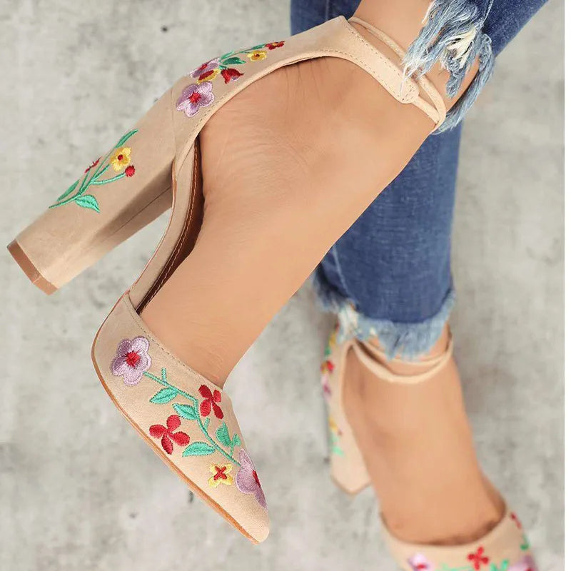 Chic Women's Thick High Heels Plus Size Floral Embroidery Pumps Ankle Strap Shoes Female Two Piece Sexy Party Casual Summer Pointed Toe tyh78