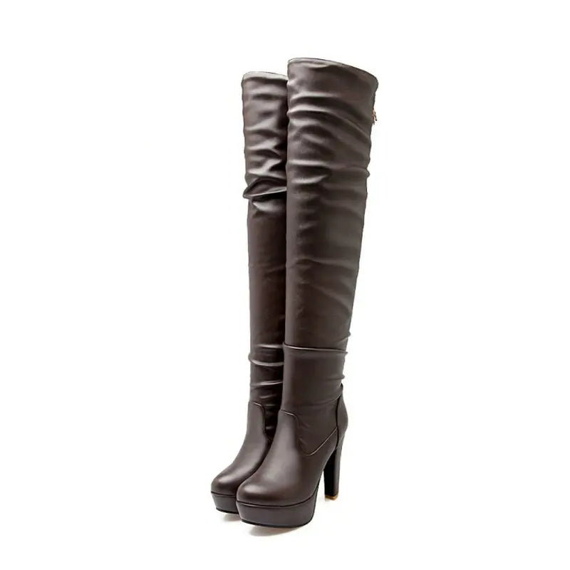 Sianie Tianie Sexy Soft PU Pleated Platform Thick Woman Knee-high Boots