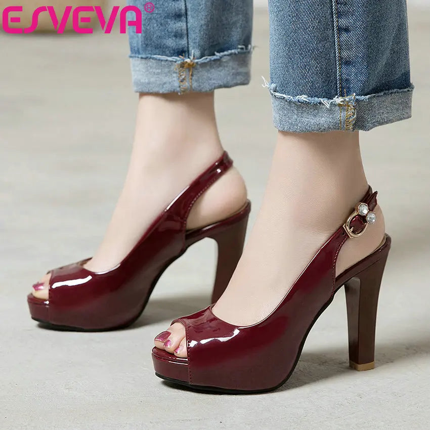 ESVEVA Women Sandals Shoes Buckle Strap Elegant Sandals Peep Toe Summer Square Heels Shoes Women High Heels Size 34-43