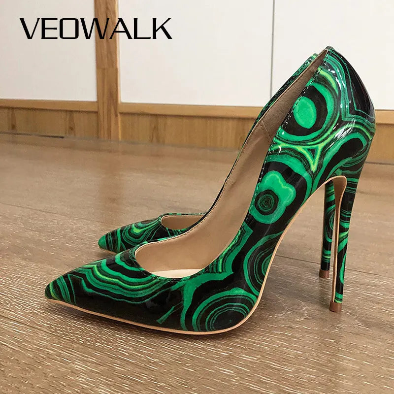 Veowalk Green Graffiti Printed Women High Heels Sexy Ladies Pointed Toe Stiletto Pumps Slip On Party Dress Shoes Woman Heels