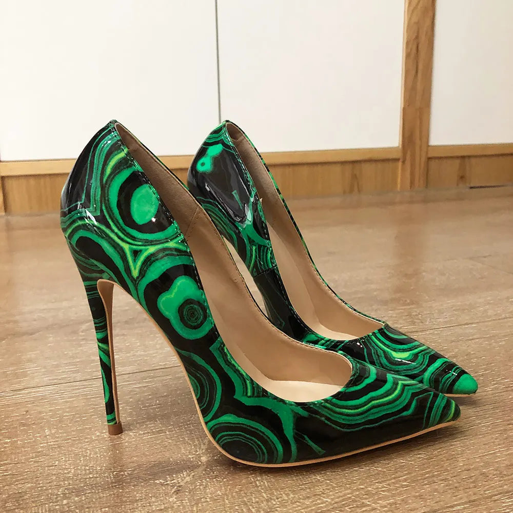 Veowalk Green Graffiti Printed Women High Heels Sexy Ladies Pointed Toe Stiletto Pumps Slip On Party Dress Shoes Woman Heels