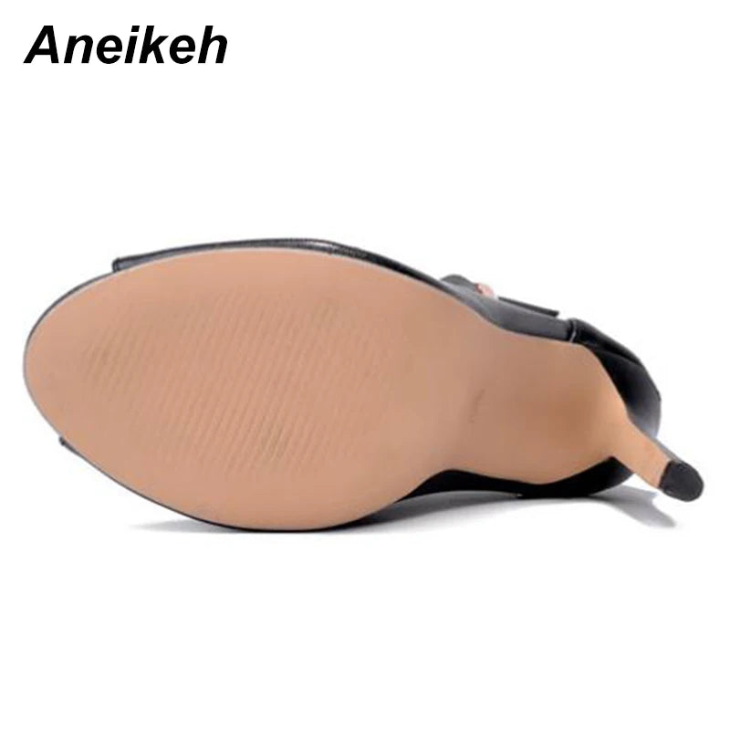 Aneikeh Summer Fashion Sexy PU Peep Toe High Heels Women's Cover Heel Metal Button Thin Heel Sandals Party Dress Zapatos