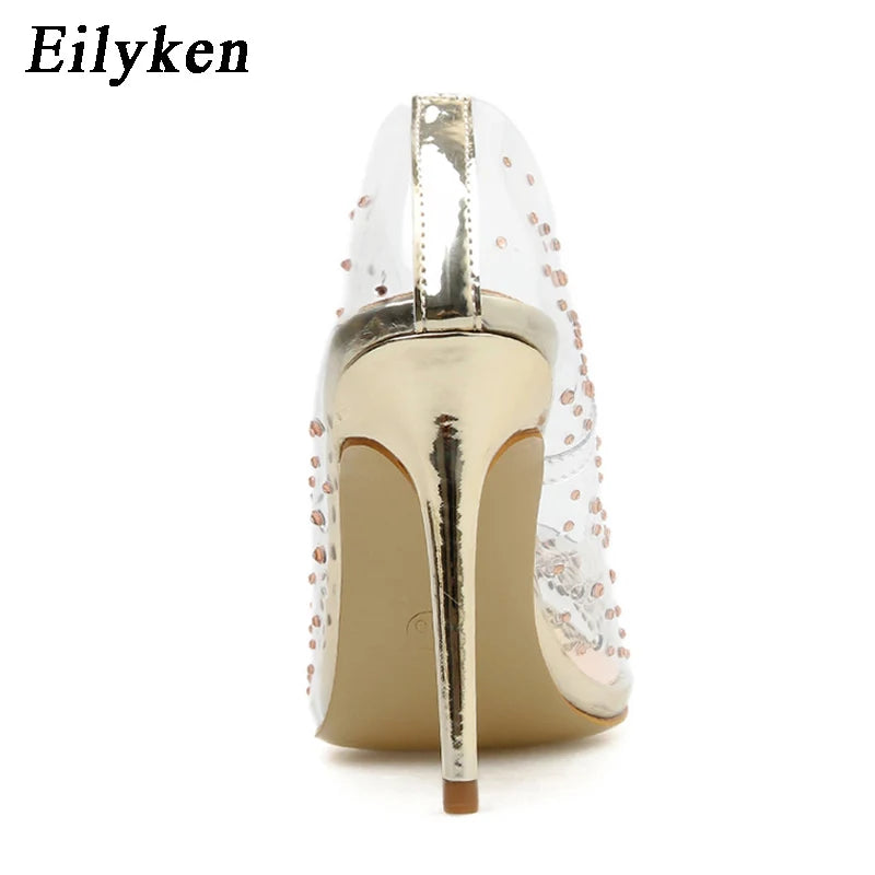 EilyKen Fashion Gold Rhinestone PVC Transparent Women Pumps Spring Autumn High Heels Shoes Sexy Party Wedding Pole Dance Sandals