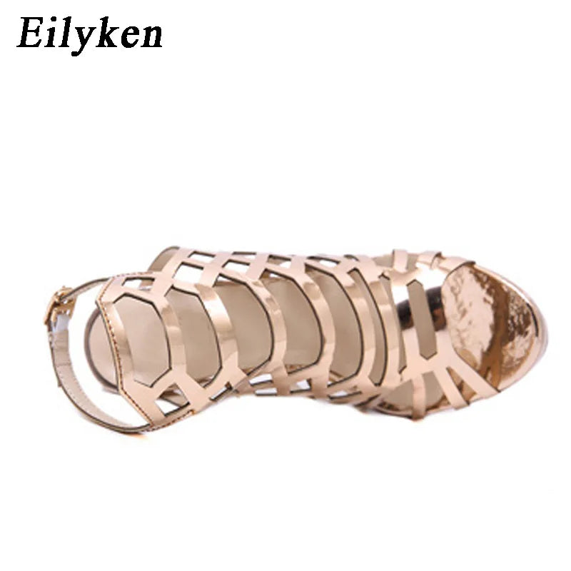 Eilyken Gladiator Peep Toe Women Sandals Ankle Buckle Strap Summer Thick High Heels Golden Pole Dancing Pumps Shoes