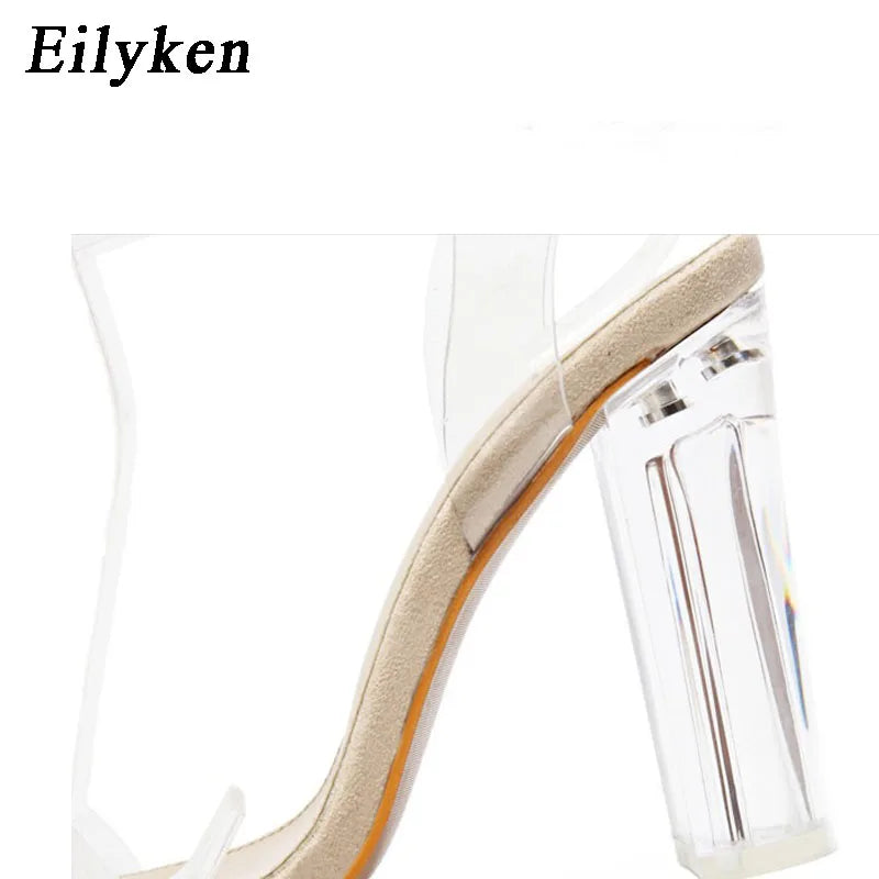 Eilyken PVC Transparent Jelly Sandals Women Open Toed Ankle Buckle Strap Shoes Fashion Crystal High Heels Pumps