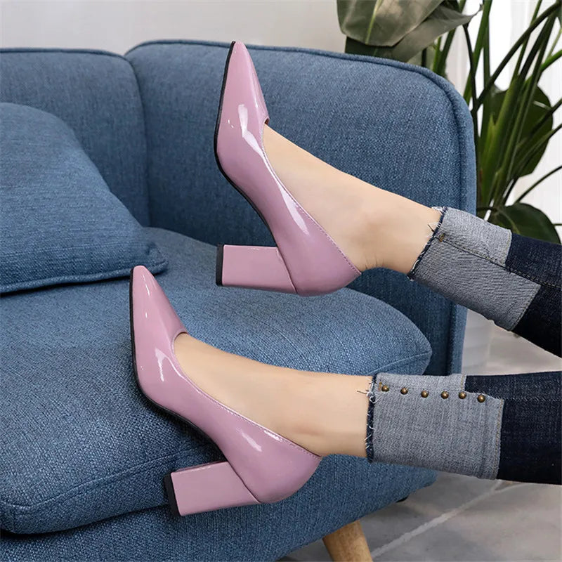 Casual Office Women Pumps Short Heels 7.5cm Patent Leather Pointed-toe Slip-On