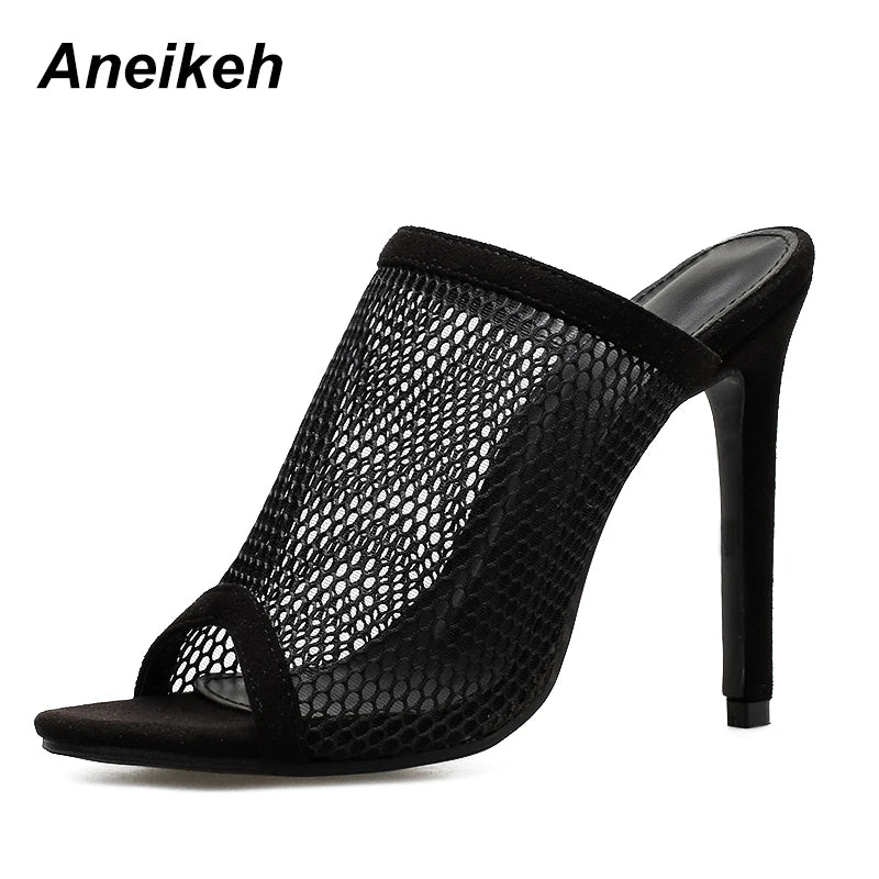 Aneikeh Summer Open Toe Sandals Women Mule Slides Mesh Hole Cut Out Hollow Stilettos High Heels Casual Clubwear Shoes black