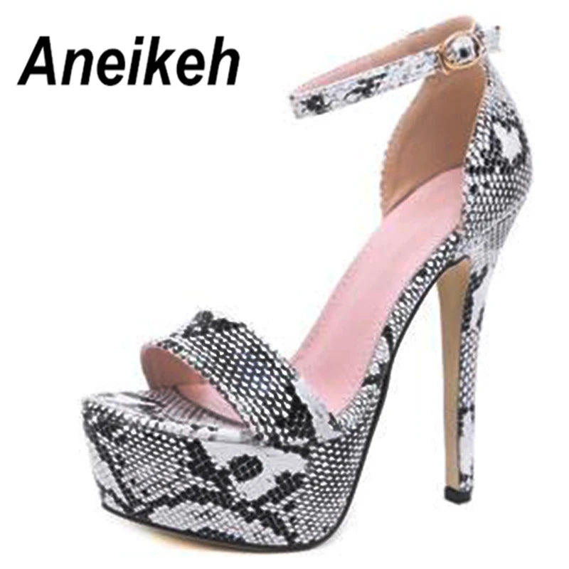 Aneikeh Serpentine Women's Super High Heels Sandals Summer Sexy Ankle Strap Open Toe Party Dress Catwalk Fashion Runway Model Snake Platform Gladiator Black White