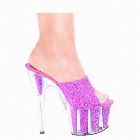 Women's super sexy slim 15 cm high heels party nightclub model catwalk runway high platform purple clear transparent