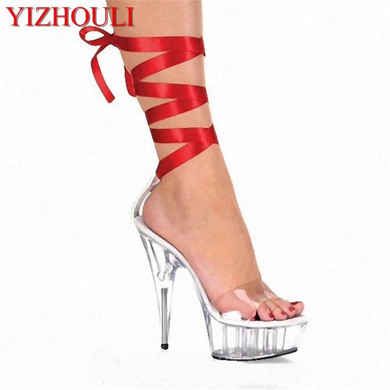 Chic super high slim heels 15 cm with red ankle strap bridal wedding party model runway catwalk white red clear transparent