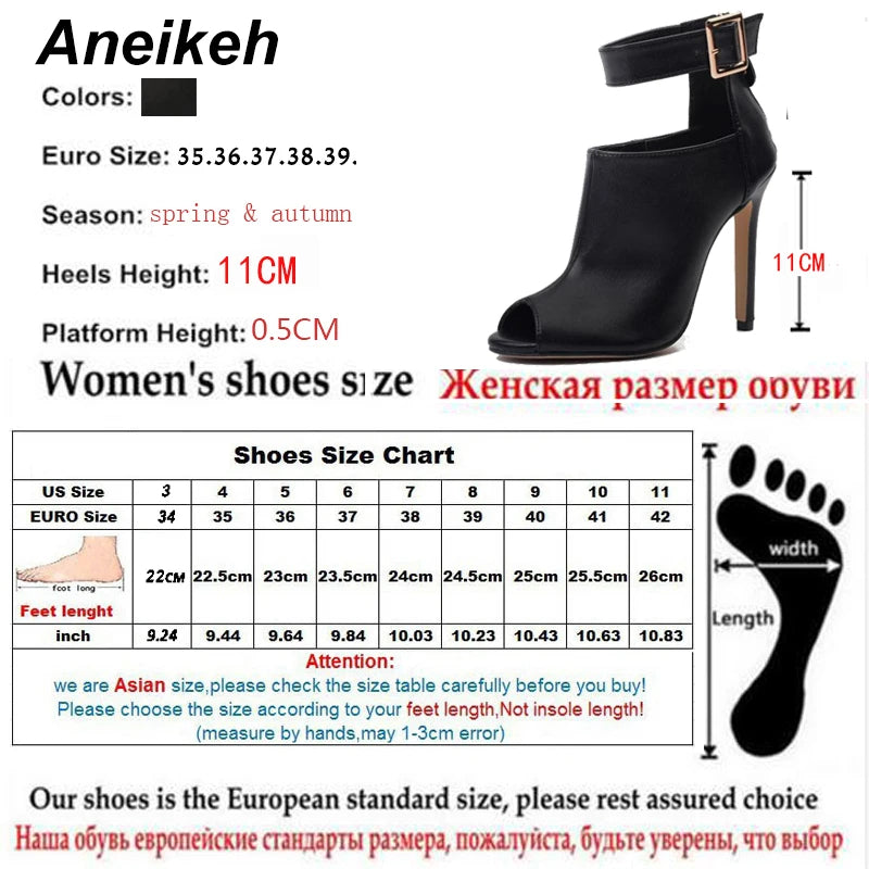 Aneikeh Summer Fashion Sexy PU Peep Toe High Heels Women's Cover Heel Metal Button Thin Heel Sandals Party Dress Zapatos