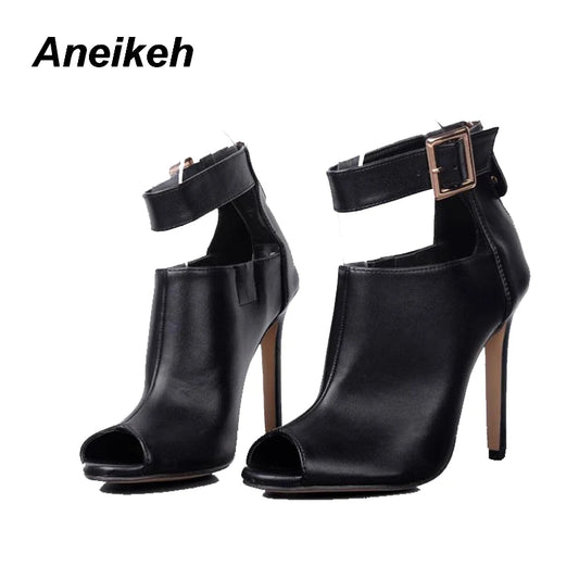 Aneikeh Summer Fashion Sexy PU Peep Toe High Heels Women's Cover Heel Metal Button Thin Heel Sandals Party Dress Zapatos