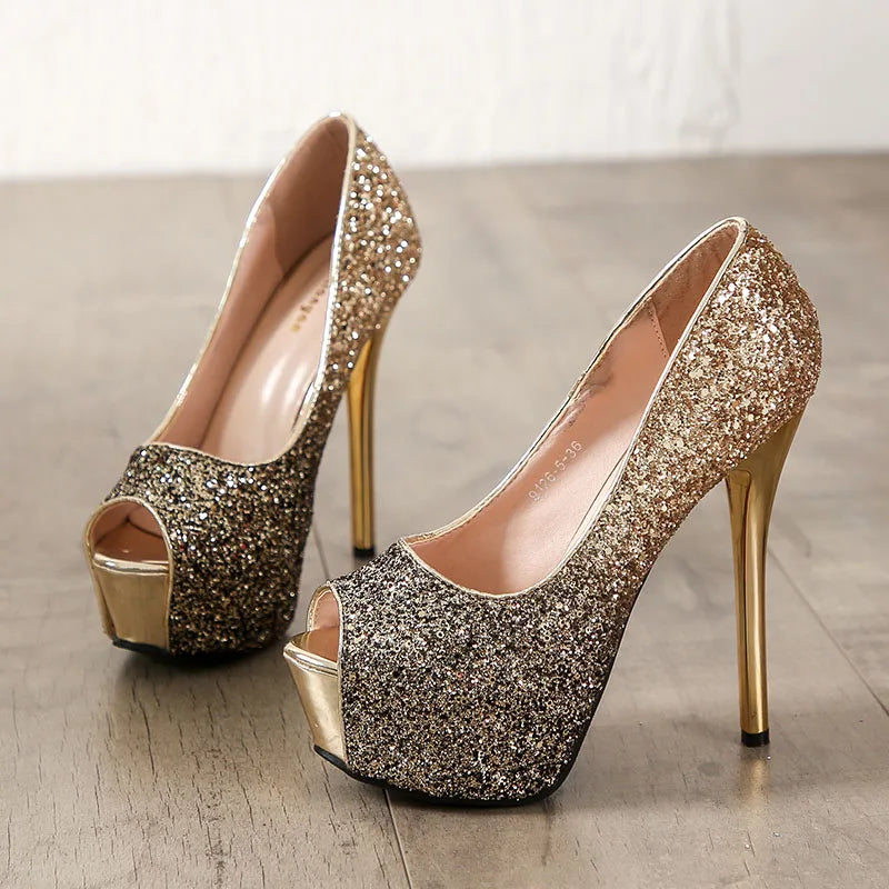 sequined high heels summer women Super High Heels Sexy shoes platform shoes pumps Wedding Party 14cm womens platform high heels