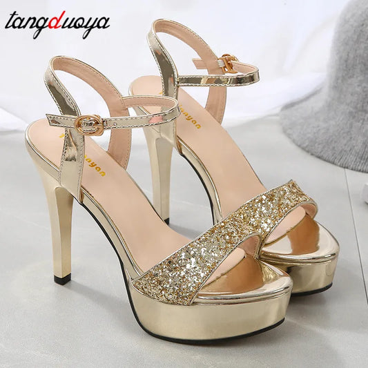 gold platform women high heel zapatillas mujer  sandals wedding party shoes bling heels