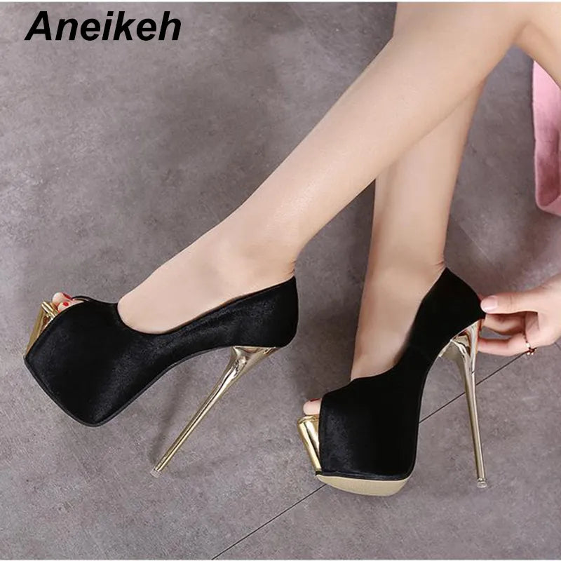 Aneikeh Brand 16CM Super High Heels Women's Pumps Stiletto Thin Heel Shoes Open Toe Pink Black Gold