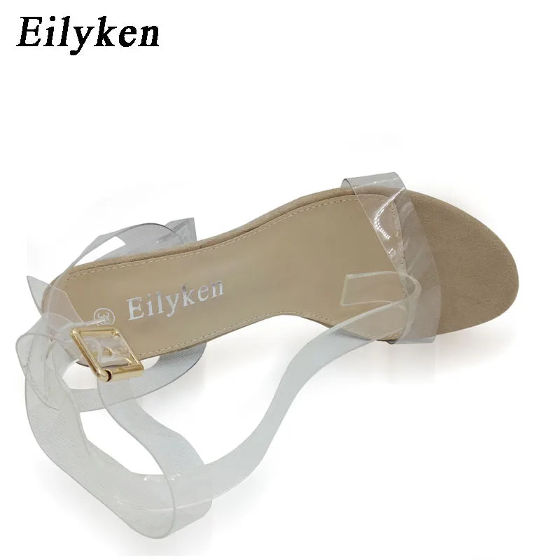 Eilyken PVC Transparent Jelly Sandals Women Open Toed Ankle Buckle Strap Shoes Fashion Crystal High Heels Pumps