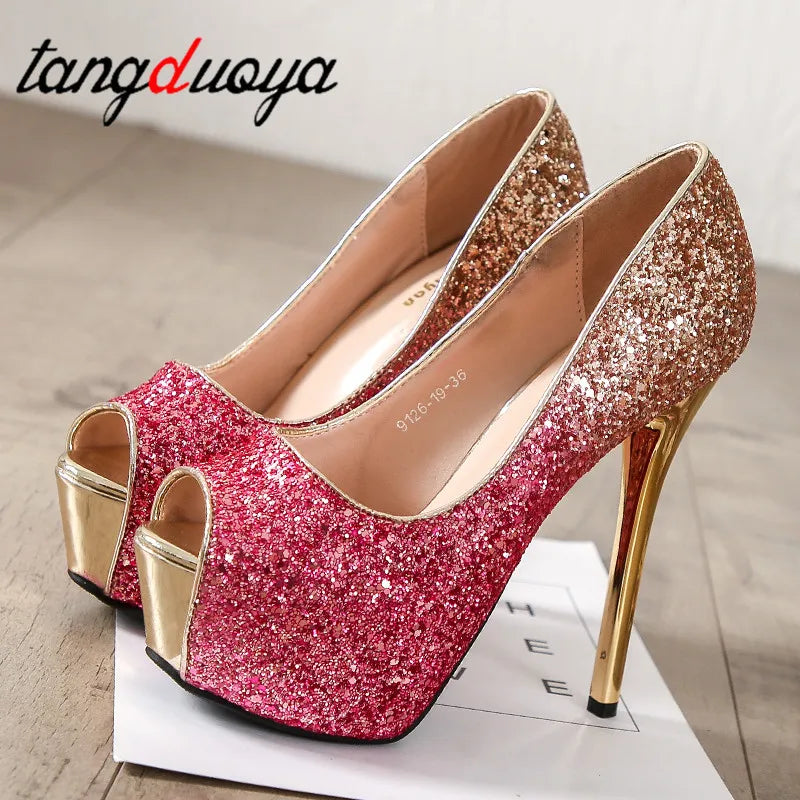 sequined high heels summer women Super High Heels Sexy shoes platform shoes pumps Wedding Party 14cm womens platform high heels