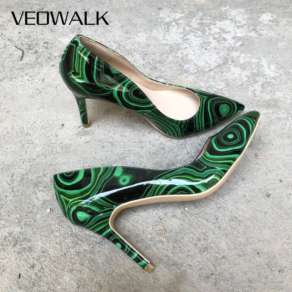 Veowalk Green Graffiti Printed Women High Heels Sexy Ladies Pointed Toe Stiletto Pumps Slip On Party Dress Shoes Woman Heels