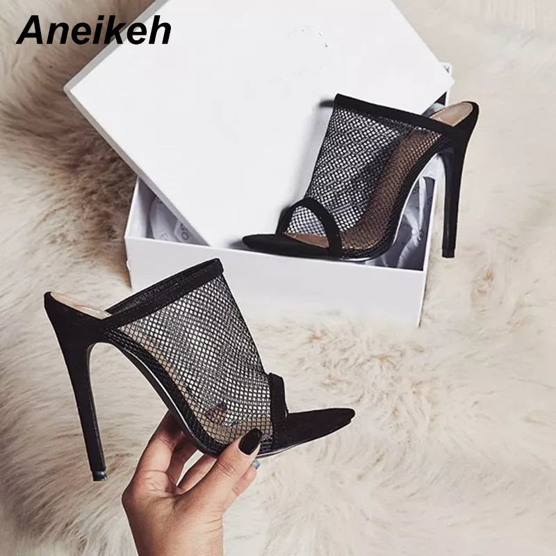 Aneikeh Summer Open Toe Sandals Women Mule Slides Mesh Hole Cut Out Hollow Stilettos High Heels Casual Clubwear Shoes black