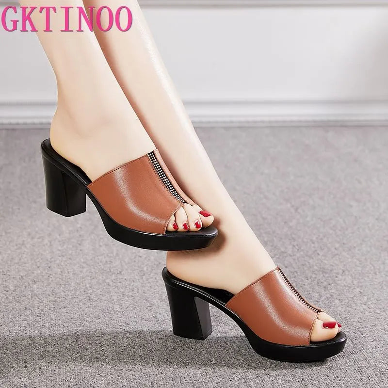 GKTINOO Women Ladies Summer Slippers Shoes High Heels Fashion Rhinestone Genuine Leather Casual