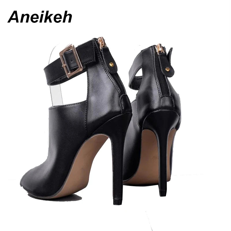 Aneikeh Summer Fashion Sexy PU Peep Toe High Heels Women's Cover Heel Metal Button Thin Heel Sandals Party Dress Zapatos