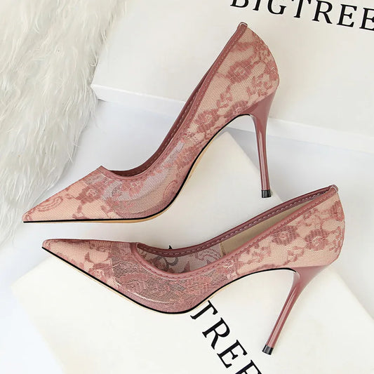 Bigtree Brand Women's Pumps Fashion Bridal Wedding High Heels Lace Sexy Party Shoes Pointed Toe Women's Shoes Stiletto Cream Beige Black Pink