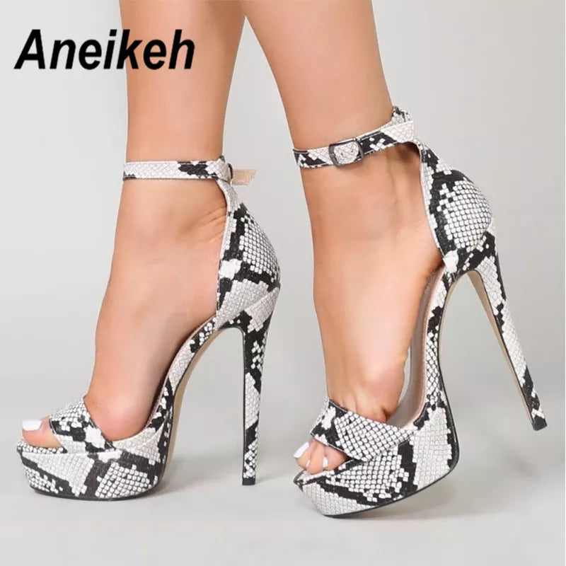 Aneikeh Serpentine Women's Super High Heels Sandals Summer Sexy Ankle Strap Open Toe Party Dress Catwalk Fashion Runway Model Snake Platform Gladiator Black White