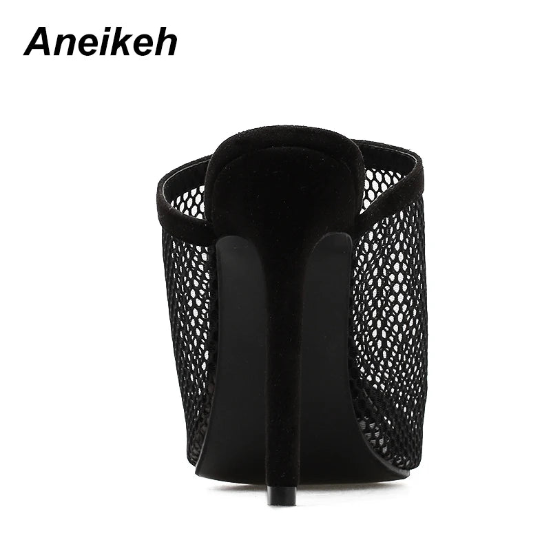 Aneikeh Summer Open Toe Sandals Women Mule Slides Mesh Hole Cut Out Hollow Stilettos High Heels Casual Clubwear Shoes black