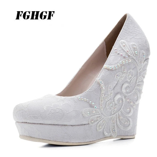 Elegant Wedge High Heels Bud silk  Shallow Mouth  Women's Bridal Wedding Formal Event Shoes White