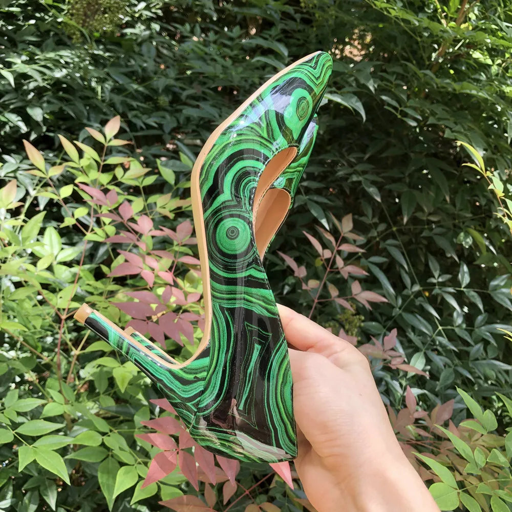 Veowalk Green Graffiti Printed Women High Heels Sexy Ladies Pointed Toe Stiletto Pumps Slip On Party Dress Shoes Woman Heels