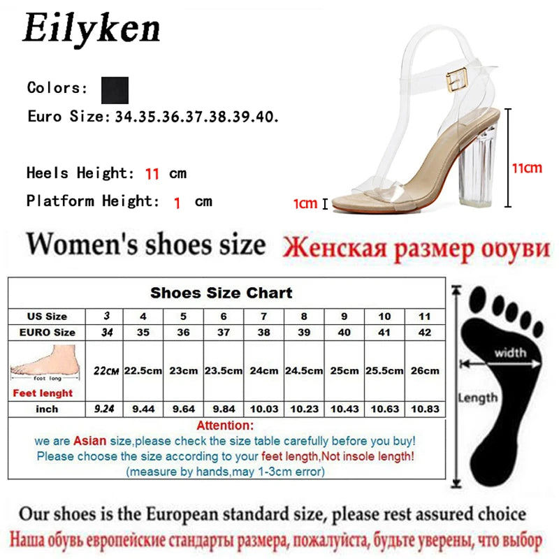 Eilyken PVC Transparent Jelly Sandals Women Open Toed Ankle Buckle Strap Shoes Fashion Crystal High Heels Pumps