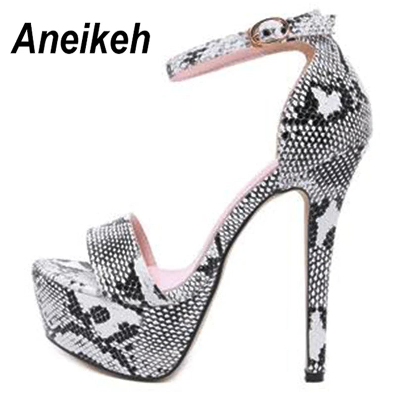 Aneikeh Serpentine Women's Super High Heels Sandals Summer Sexy Ankle Strap Open Toe Party Dress Catwalk Fashion Runway Model Snake Platform Gladiator Black White