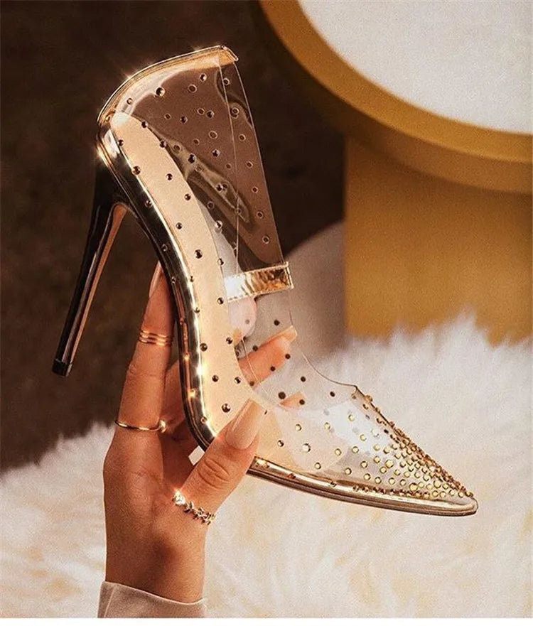 EilyKen Fashion Gold Rhinestone PVC Transparent Women Pumps Spring Autumn High Heels Shoes Sexy Party Wedding Pole Dance Sandals