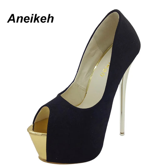 Aneikeh Brand 16CM Super High Heels Women's Pumps Stiletto Thin Heel Shoes Open Toe Pink Black Gold