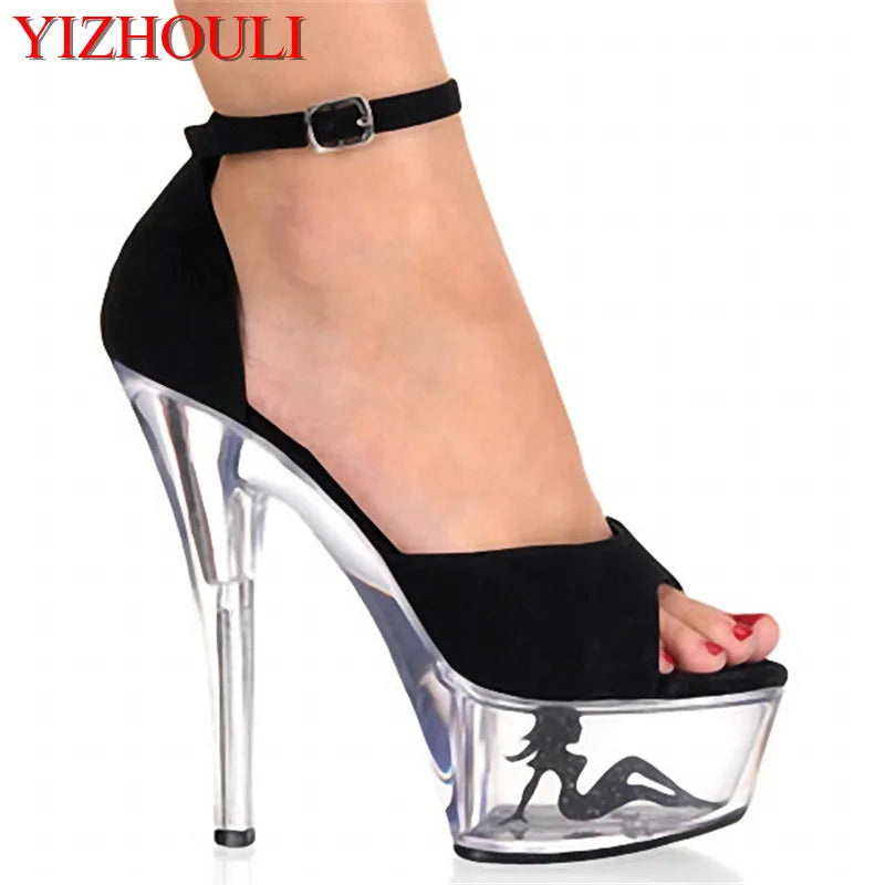 Women's Sexy Stiletto Female sandals 15cm super high heels waterproof Taiwan catwalk shows nightclub Dance Shoes Clear Transparent Black